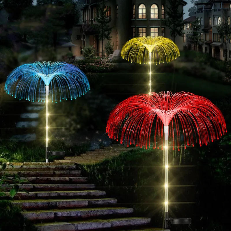 2Pcs RGB Solar Garden Jellyfish Light Outdoor Solar Yard Flower Optical Fiber Decor Light for Patio Pathway Lawn Christmas Light