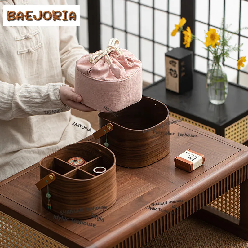 BAEJORIA Walnut Wood Flower Collection Tea Set Storage Bag Portable Tea Bag Retro Storage Basket Outdoor Hand-held Travel Bag