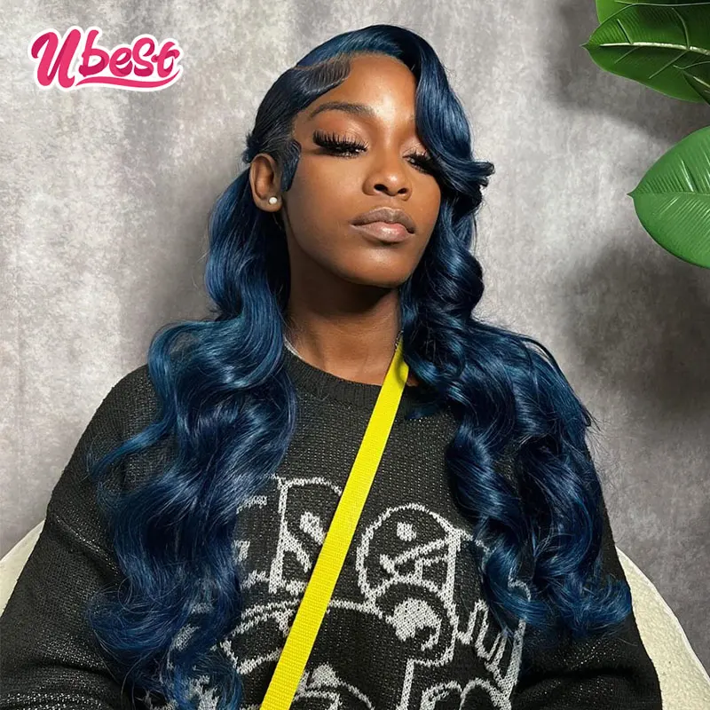 13x6 34inches Dark Blue Color Body Wave Lace Front Human Hair Wig 180% Density Brazilian Transparen Lace Frontal Wig For Women