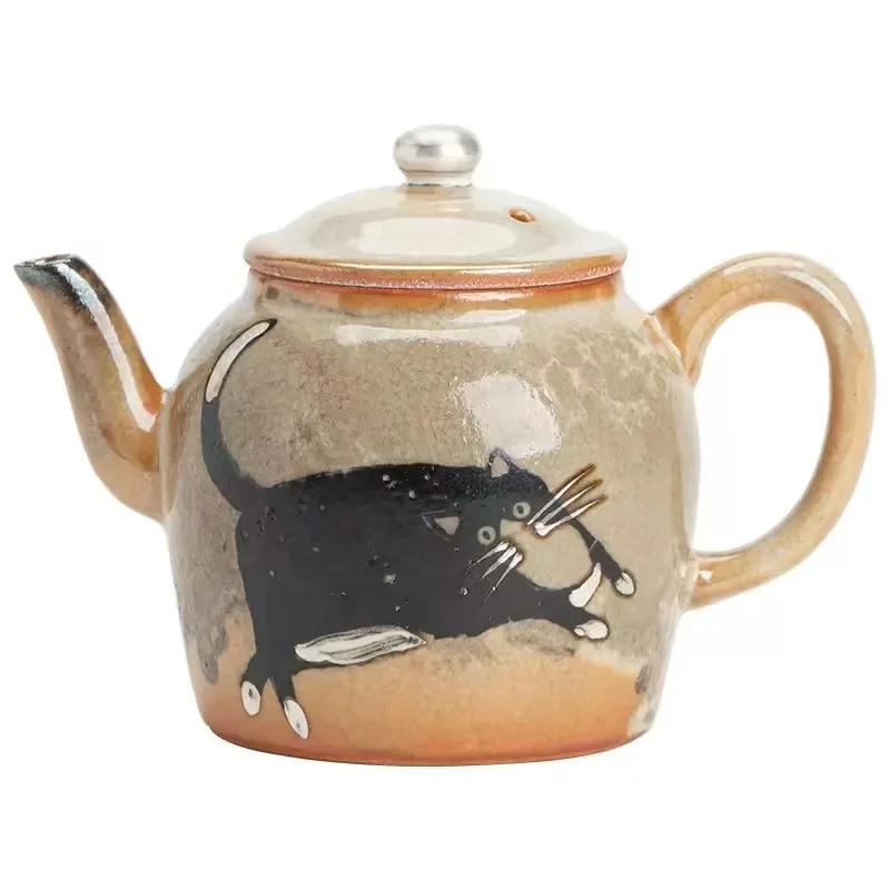 100ML Japanese-style Shino Cat Laicai Pot Small Capacity Ceramic Filter Brewing Teapot Hand-painted Silver Teapot KungFu Tea Set
