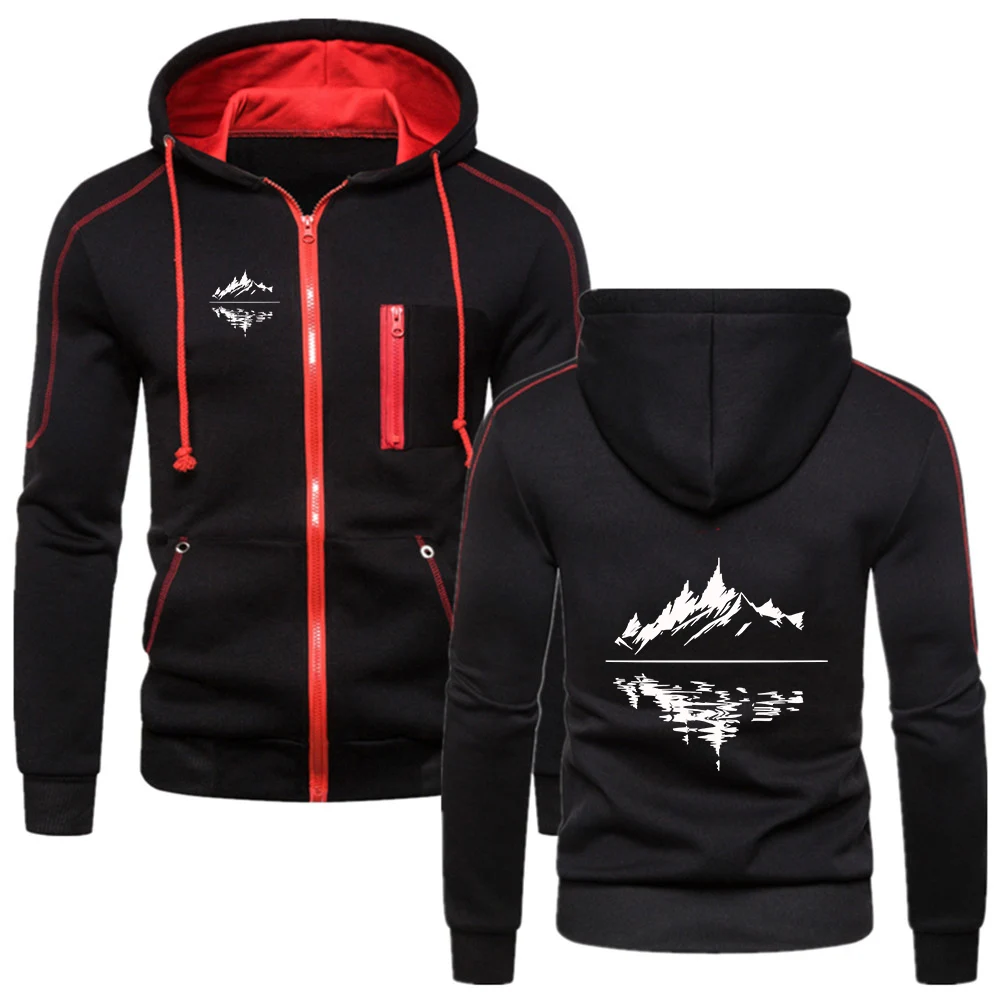 

2026 Mountain Reflection Print Spring And Autumn Men's New Solid Color Hoodie Casual Zipper Hip Hop Hight Quality Outerwear