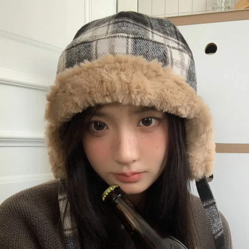 

Plush Plaid Lei Feng Hat Women's Winter Korean Shows A Small Face Cycling Ear Protection Hat Thickened Cold-proof and Warm Hat
