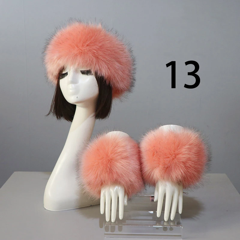 3pcs Solid Color Headband Cuffs Set Warmth Faux Fur Women Winter Spring Autumn Wrist Sleeve Gloves Cap Overcoats Decor Accessory