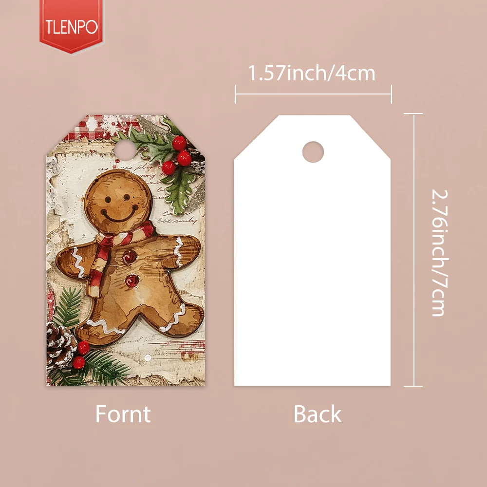 40pcs, Gift Tags, Vintage Gingerbread Man Christmas, Hanging Paper Labels for Gift Wrapping, Holiday Party Decor with String