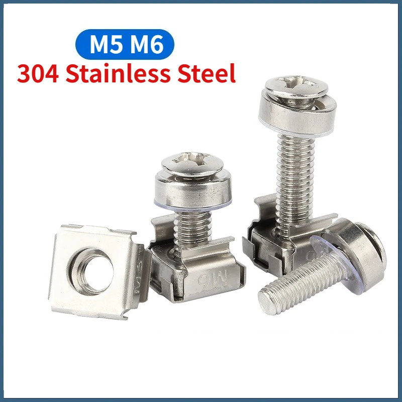 M5 M6 304 Stainless Steel Cabinet Screw Rack Mount Cage Nut Bolt And Washer For Network Server Chassi Distribution Shelve Router