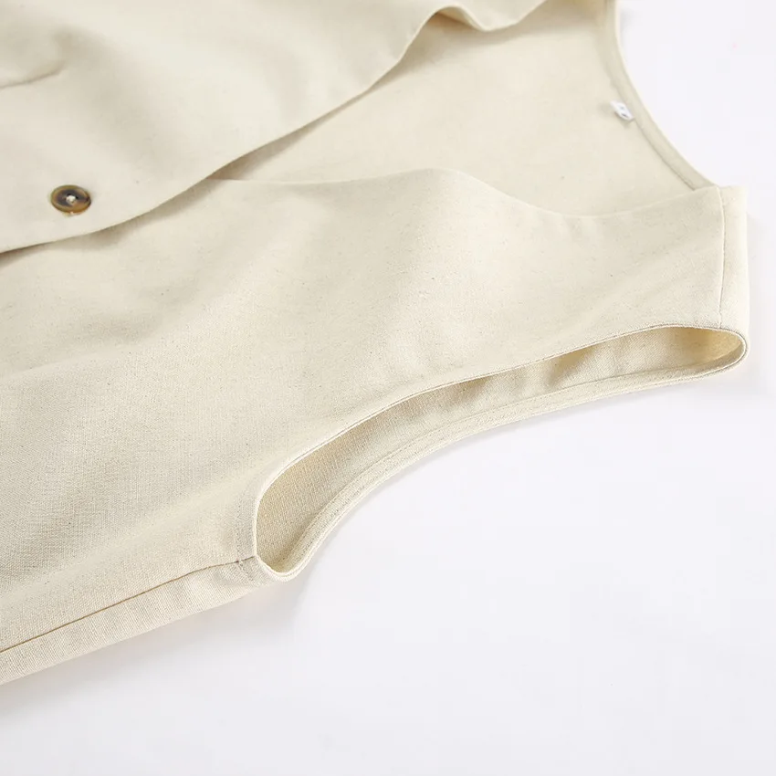 2026 Spring Summer Women Khaki Cotton Linen Two Piece Set Sleeveless Vest Top Shorts Outfits