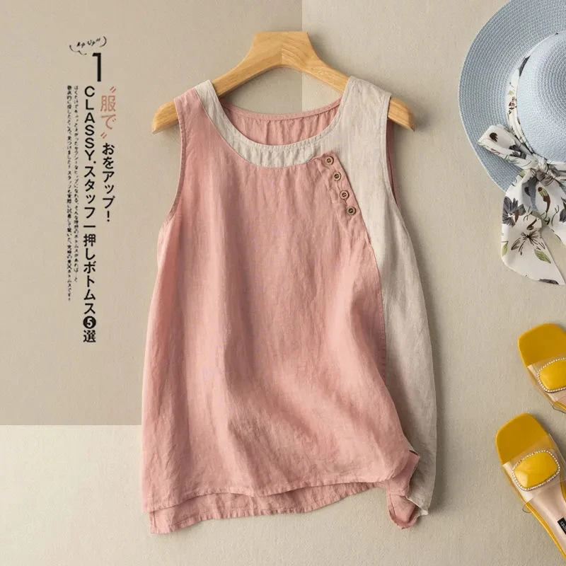 Sleeveless Vest Cotton Linen Casual O-Neck Cotton Linen Buttons Women\'s Blouse Shirt Korean Fashion Female Clothing Tops 2024