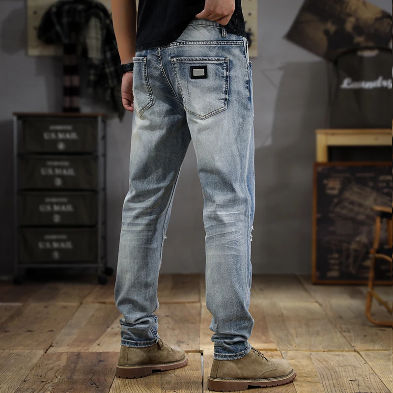 Jeans rasgado lavado masculino, marca de moda verão, coreano, high-end, fino, reto, retrô, angustiado, apertado, branco