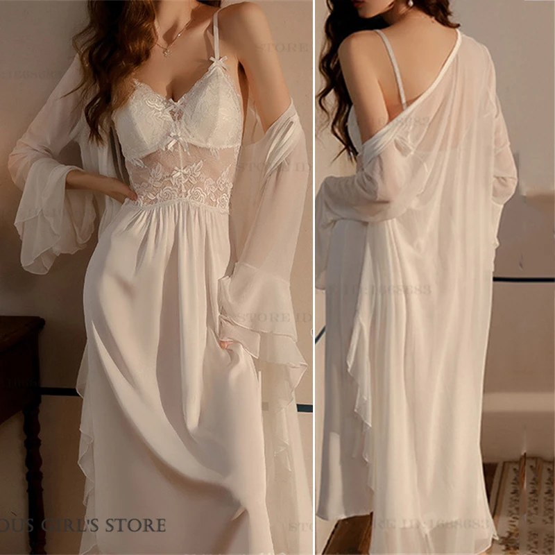 

Female Long 2PCS Robe Nightgown Set Sexy Patchwork Lace Spaghetti Strap Nightdress Lingerie Spring Summer New Sleepwear HomeWear