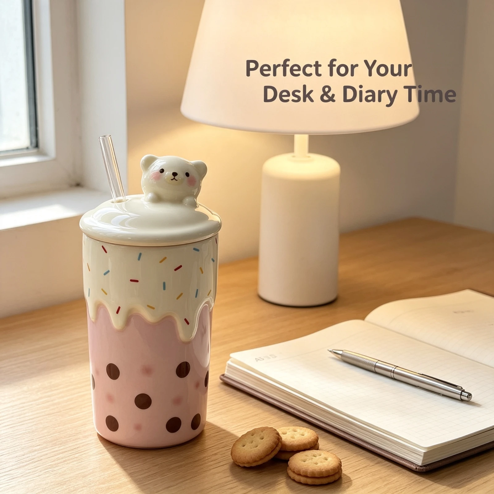 Cute Bear Ceramic Mug With Lid, Straw Pink Boba Milk Tea Cup, Cartoon Animal Coffee Mugs Home Office, Drinkware Gift For Her