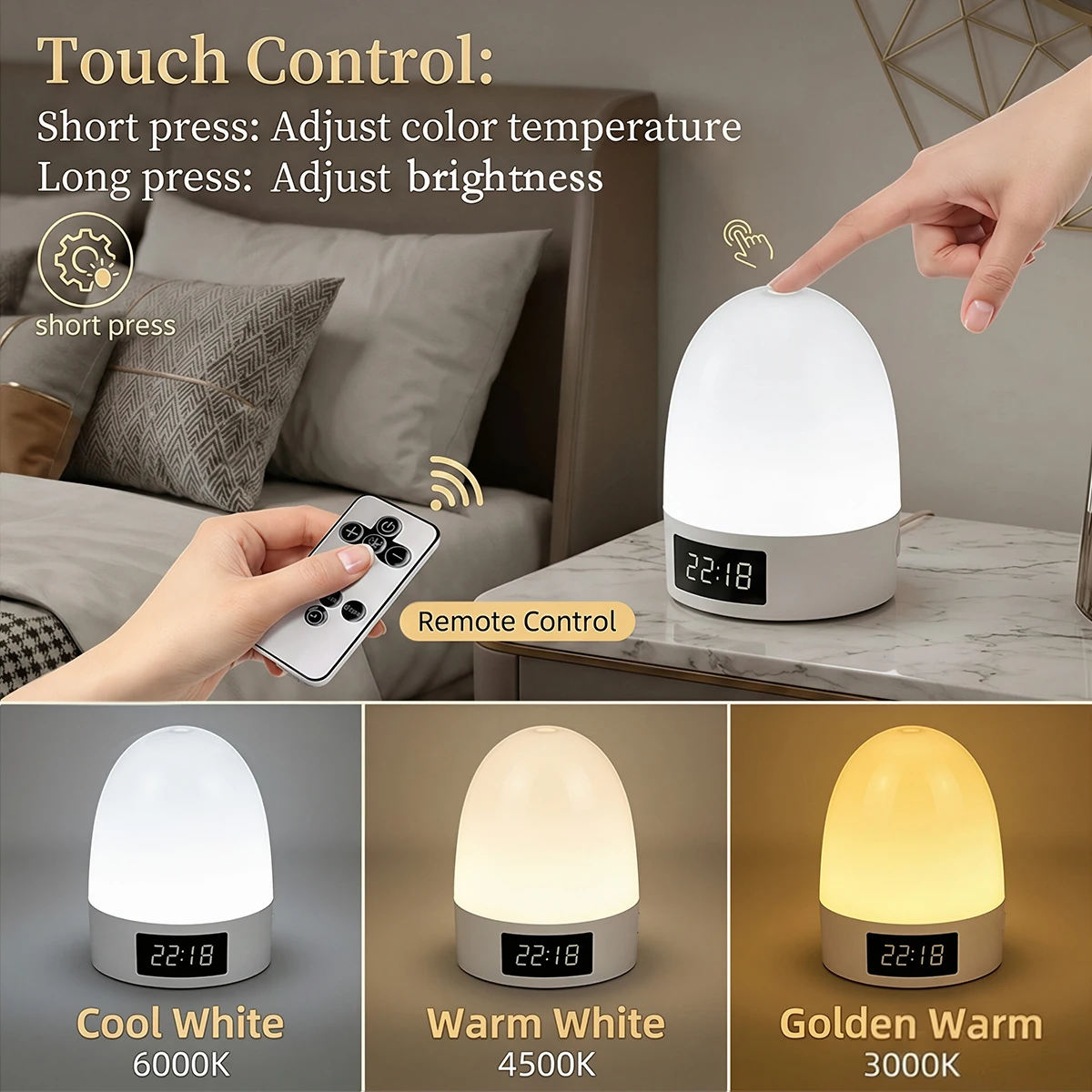Led Night Lights Bedside Dimmable Charging Desktop Night Lamps with clock Bedroom Bedside Lighting Decoration Touch Table Lamps