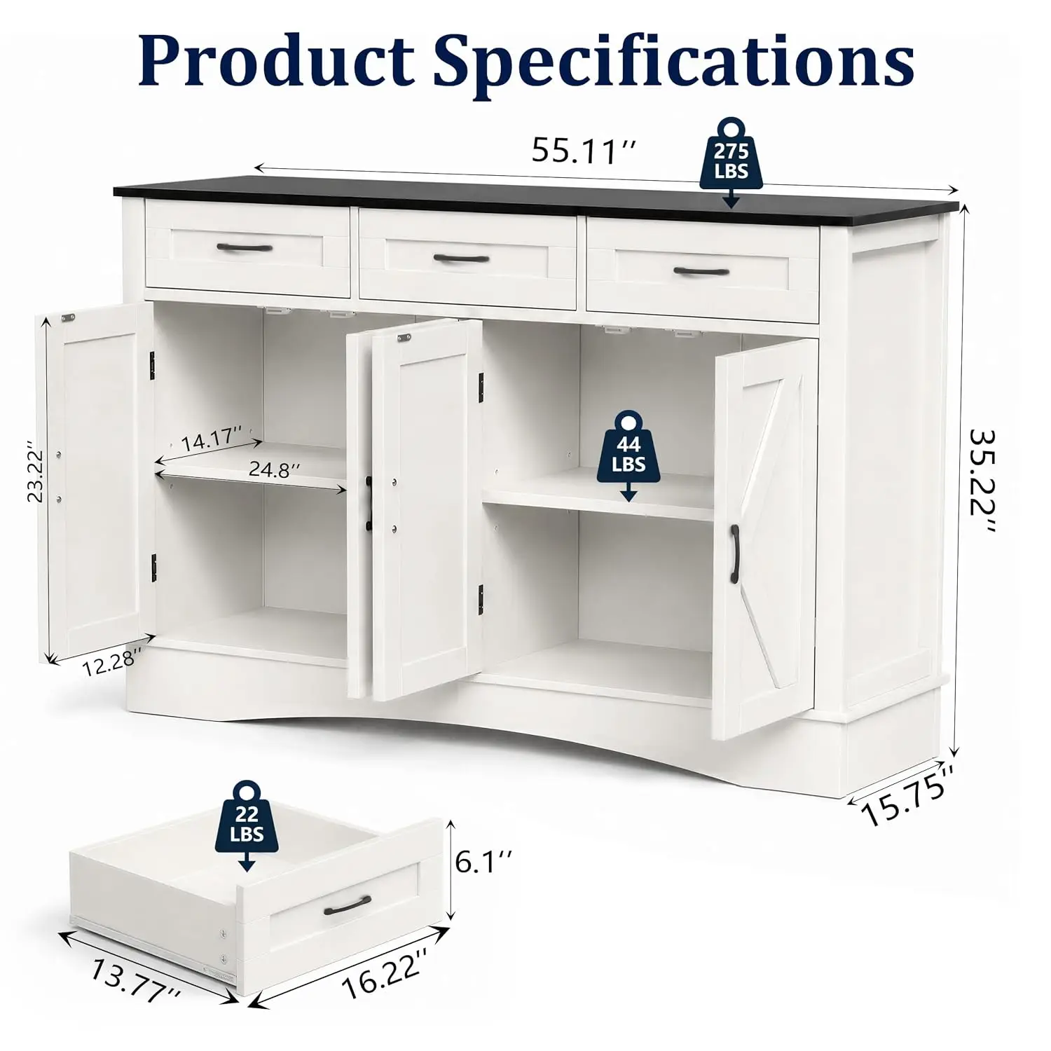 55" Buffet Cabinet, Kitchen Coffee Bar Storage Sideboard, White