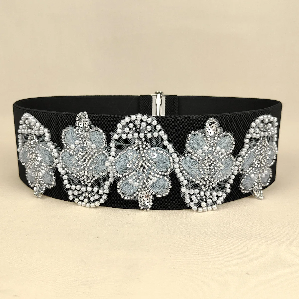 

Women's Runway Fashion Beaded Elastic Flower Cummerbunds Female Dress Corsets Waistband Belts Decoration Wide Belt R2067
