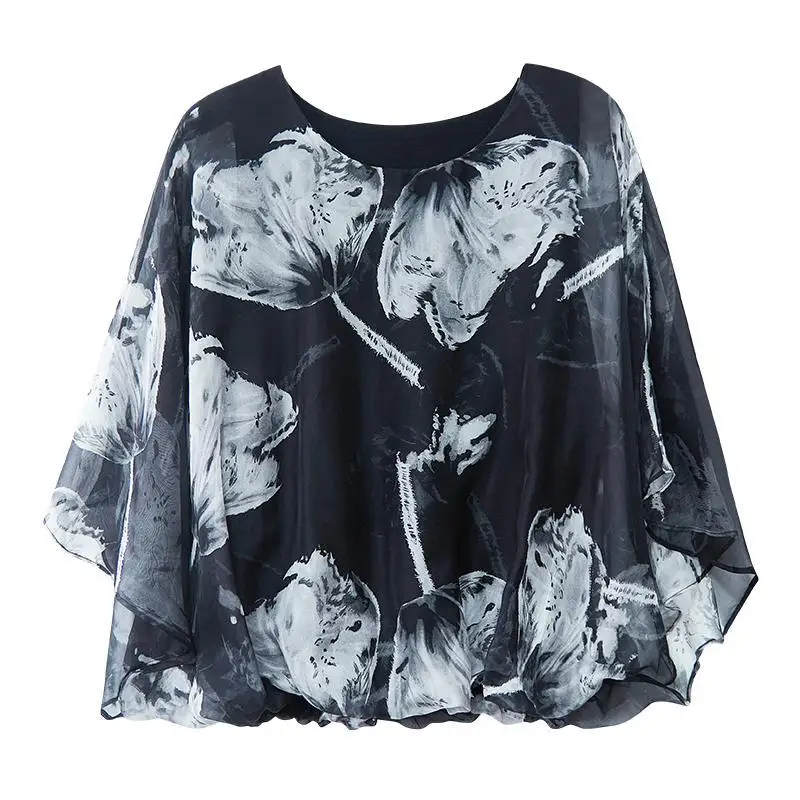 Vintage Printed O-Neck Batwing Sleeve Floral Blouses Women's Clothing 2024 Summer New Loose All-match Tops Office Lady Shirts