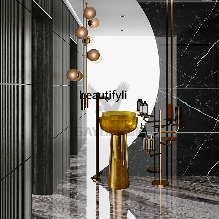 

Asmt52 Modern simple gold base transparent color hand wash face hotel villa club bathroom floor column basin