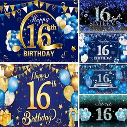 Sweet Blue Gold 16 Photo Backdrop Girls Boy Happy Birthday Party Sixteen Years Old Photograph Background Banner Decoration Prop