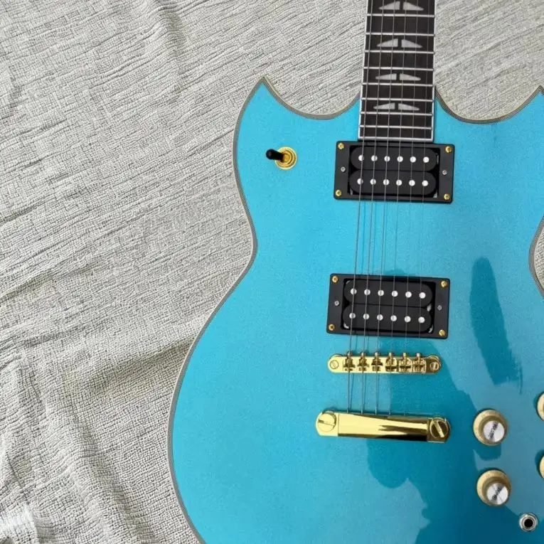 Metallic Blue Solid Body Electric Guitar, Gold Hardware, Two Humbucker Pickups, Dual Cutaway Guitar for Rock Music