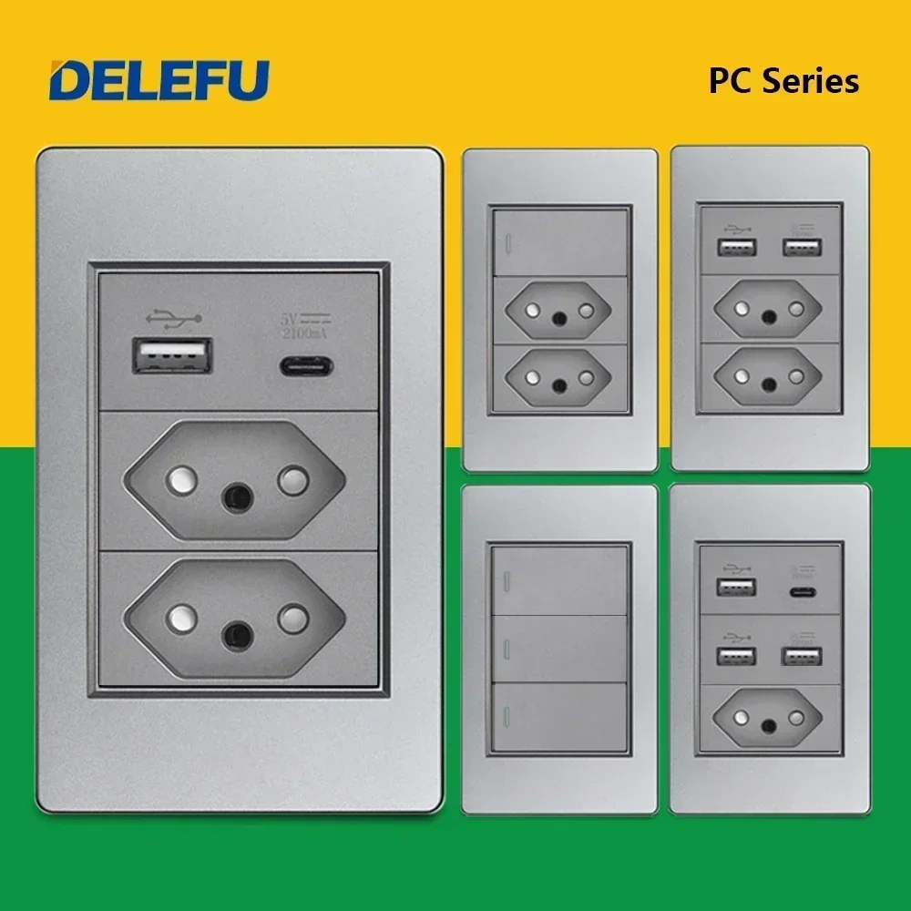 

DELEFU Grey PC Panel Brazil Standard Outlet Double USB Type C Wall Power Socket Light Switch Home Office Electrical Plug 10A 20A