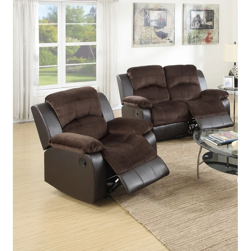 Conjunto Moderno de 2 Piezas para Sala de Estar: Sofá de Dos Plazas y Sillón Reclinable con Acabado Color Chocolate, Respaldo y Reposabrazos Acolchados