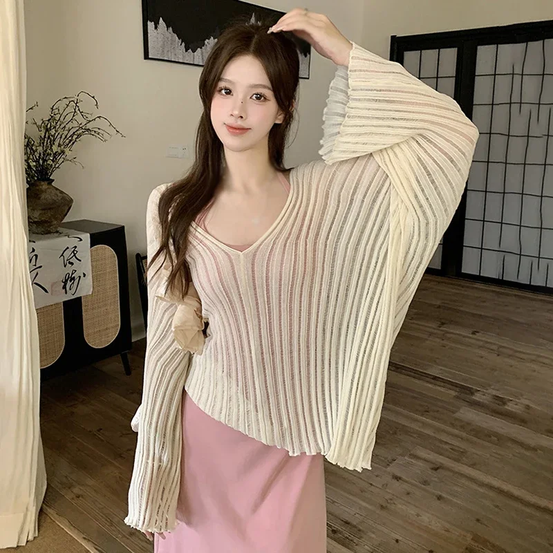 

Ленивый V-образный вырез, защита от солнца, свободный крой, женский трикотаж, весна и осень, облегающий однотонный женский топ, халат