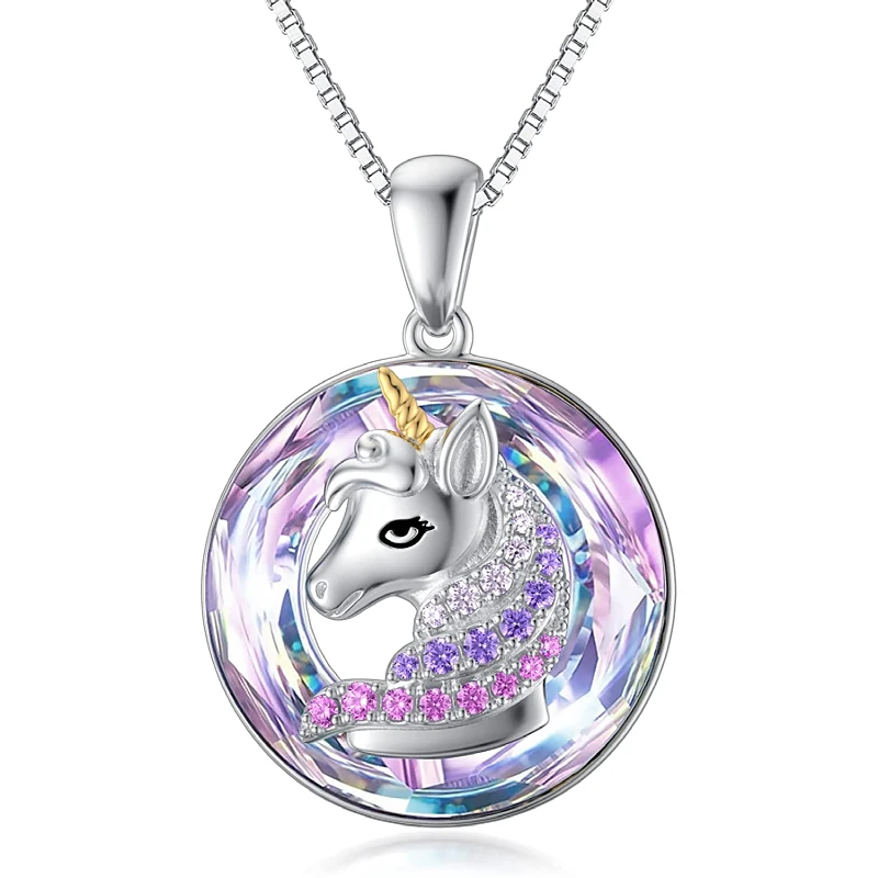 Exquisite Ladies Fashion Income Unicorn Pendant Necklace Colorful Round Animal Crystal Jewelry Anniversary Bride Wedding Gift