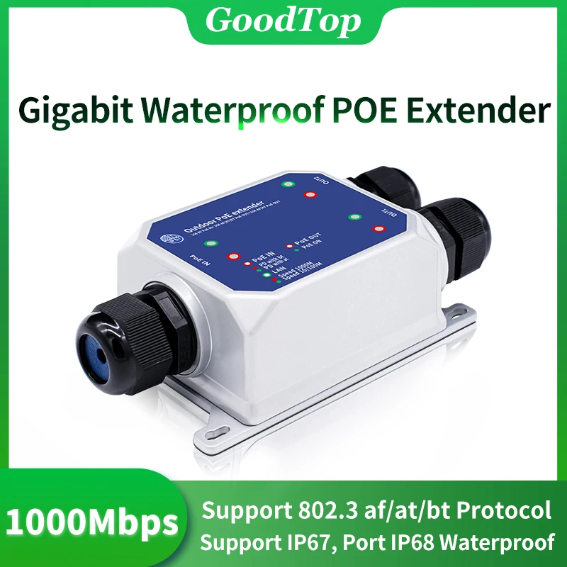 GoodTop 3 Port Gigabit PoE Extender Outdoor IP67 Waterproof 1 to 2 1000M POE Repeater IEEE802.3af/at/bt Plug&Play 48V 120W