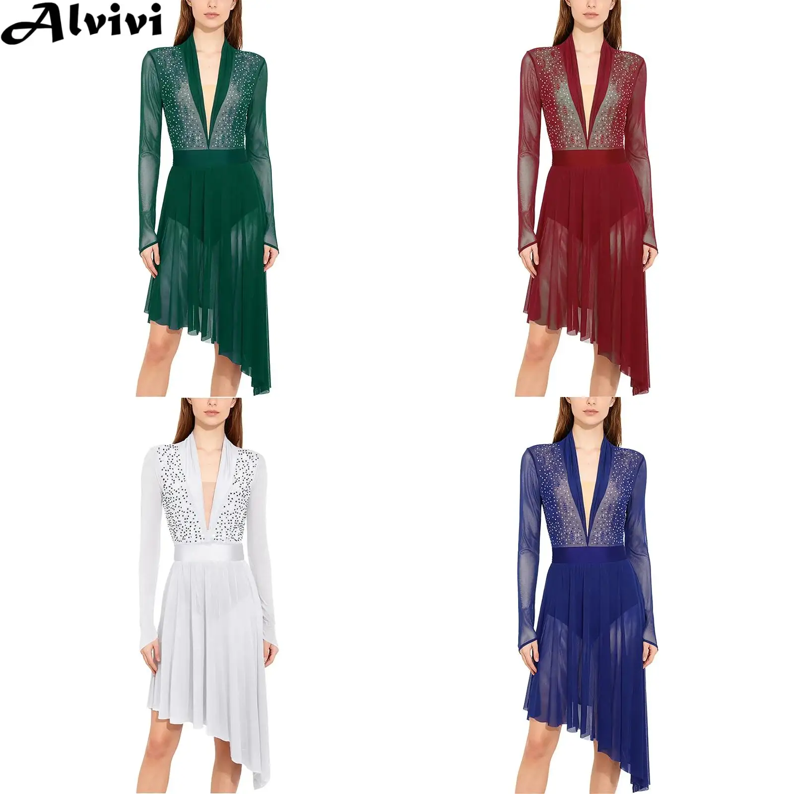 

Женское прозрачное сетчатое платье с длинным рукавом и блестящими стразами, современное лирическое танцевальное платье, фигурное катание, гимнастика, балетный трико, танцевальная одежда