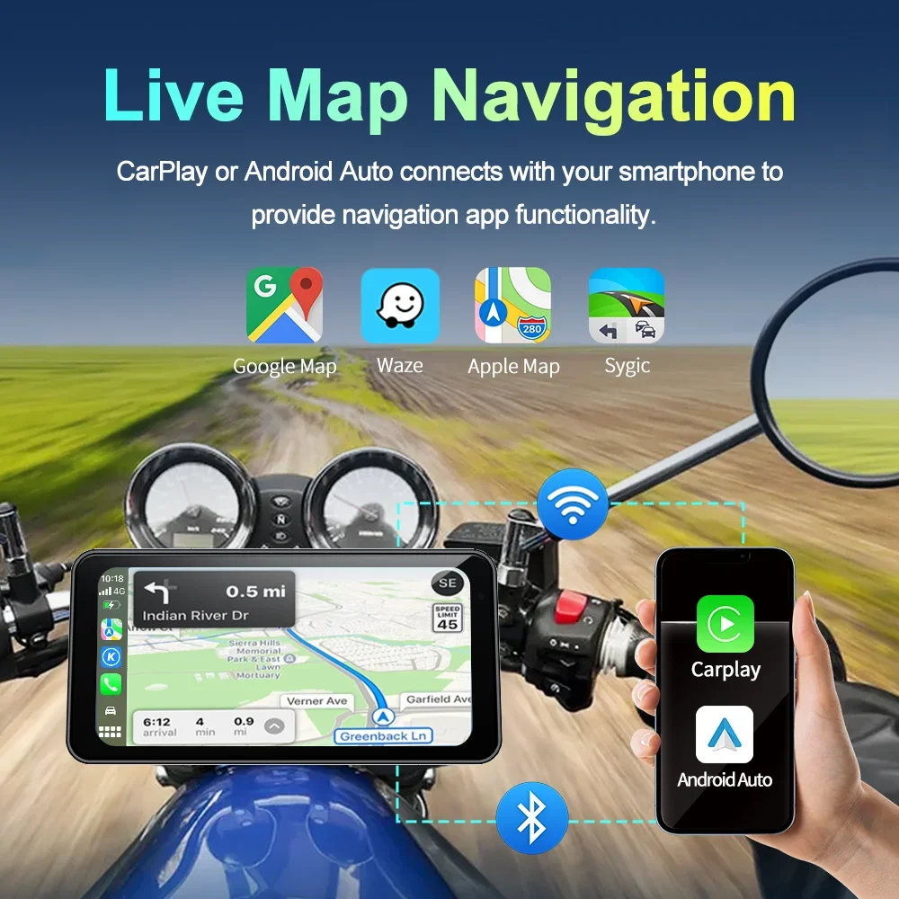 6.25 Inch Waterproof Motorcycle DVR Dash Cam Wireless CarPlay Android Auto BT Music Touch Navigation Display 60FPS Video Capture