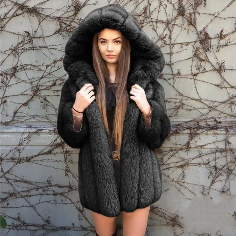 Women's Winter Faux Fur Hooded Coat Fashionable and Warm  Vertical Hooded Hat High Quality Fluffy Fur