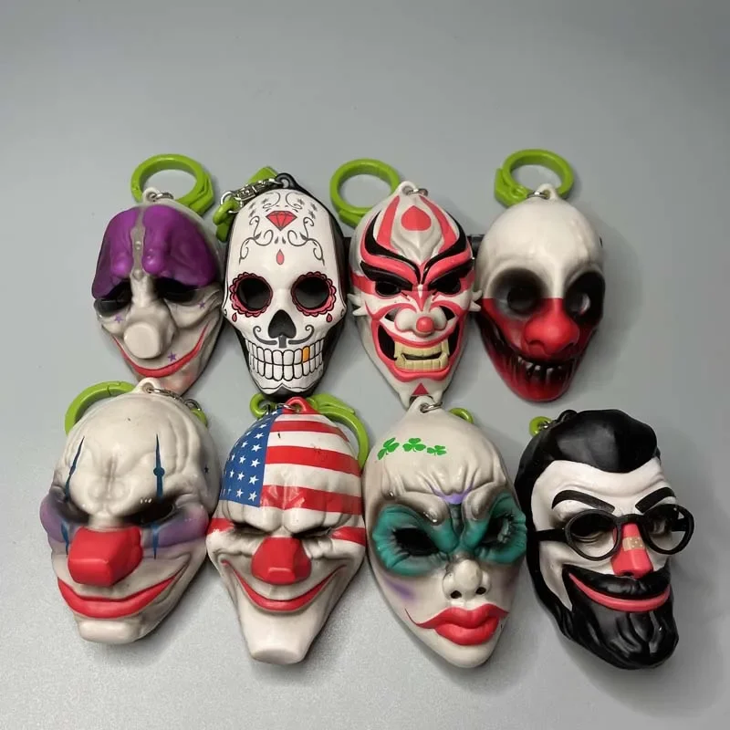 Payday2 Joker Mask Key Chain Sangers Dallas Wolf Chains Houston Jiro Clover Clown Mask Pendant Ornament Collectible Toy Kid Gift