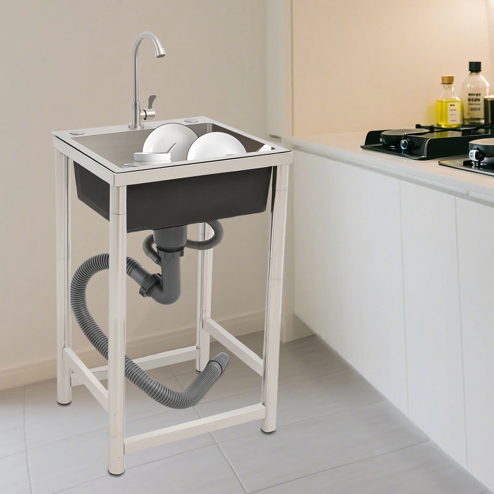 

Stainless Steel Utility Sink Freestanding Single Bowl Laundry Sink Commercial Restaurant Kitchen Prep Sink with Rotatable Faucet