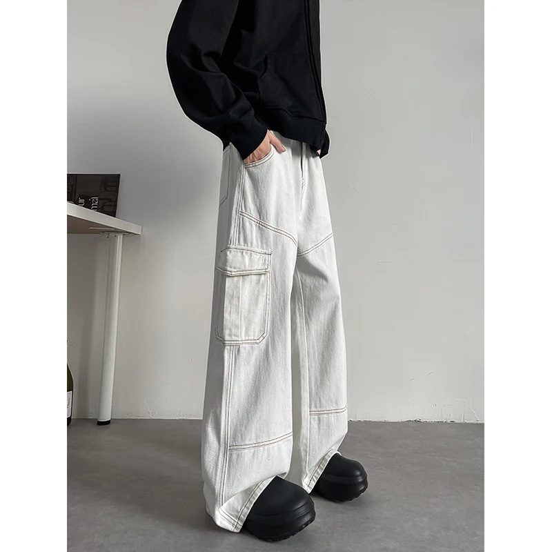 2026 Men's Baggy Cargo Jeans Loose Wide Leg Denim Pants with Multi-Pockets Streetwear Hip Hop Fashion Drop Length Trousers