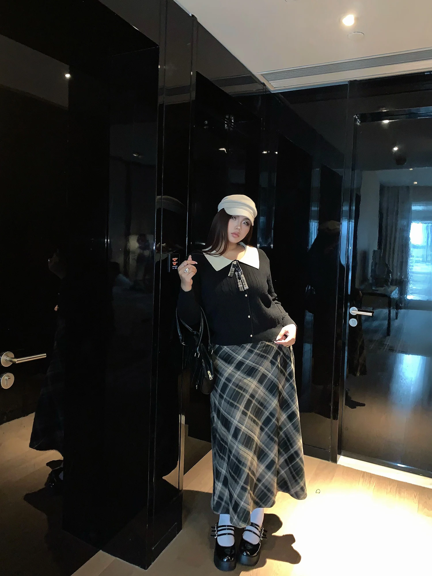 

Юбка А-силуэта с высокой талией для женщин больших размеров, винтажный студенческий стиль, полиэстер, высокая эластичность, приятная к телу, дышащая