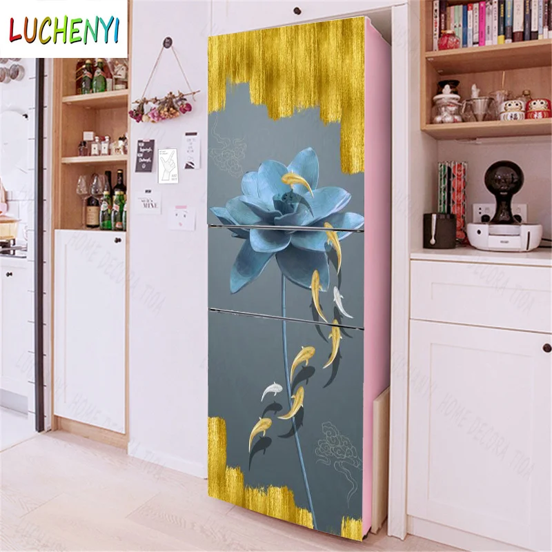 Papel de parede blue white flower golden deer tree refrigerator sticker  door stickerkitchen fridge wallpaper mural , home decor