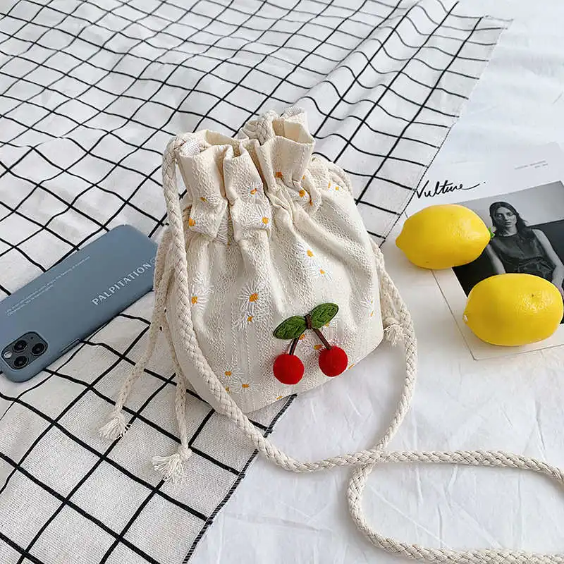 

Cute Cherry Cord Drawstring Canvas Coin Purse Women's Crossbody Bag Small Backpack Mobile Phone Bag Urban Minimalist Style