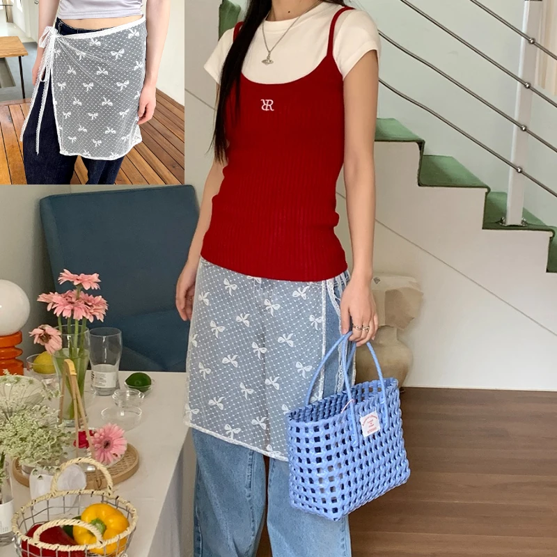 Korean Reviews Many Skirt Spring Summer Bow Lace Layered Gauze Skirt with Tie Up Spicy Girl Apron Ladies Skirts Ins Y2k Girls