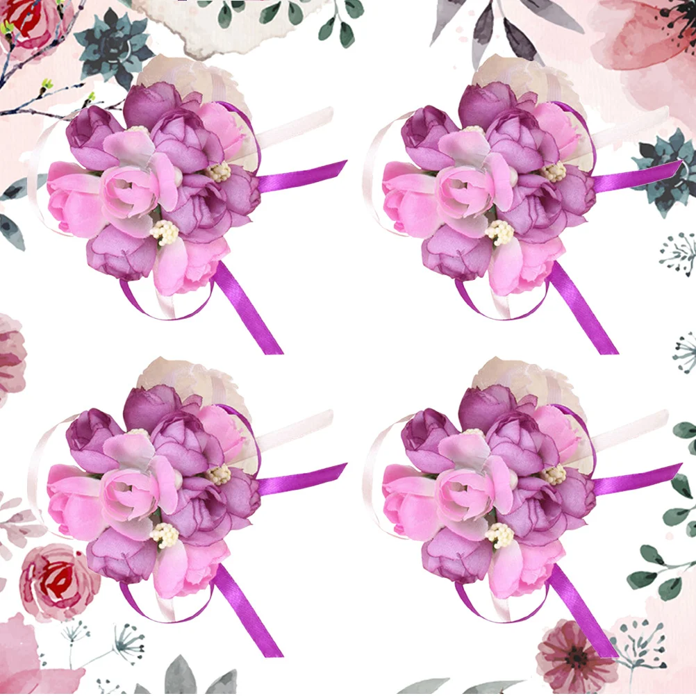 

4Pcs Wedding Wrist Flowers Bridal Brooch Artificial Silk Flower Bracelet Perfect for Wedding Party Dance Photo Shoot