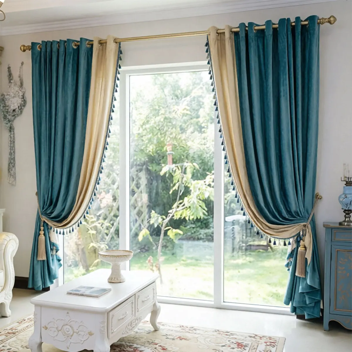 Luxury color-blocked velvet curtains, 2-piece set, tassel trim, blackout curtains for living room.