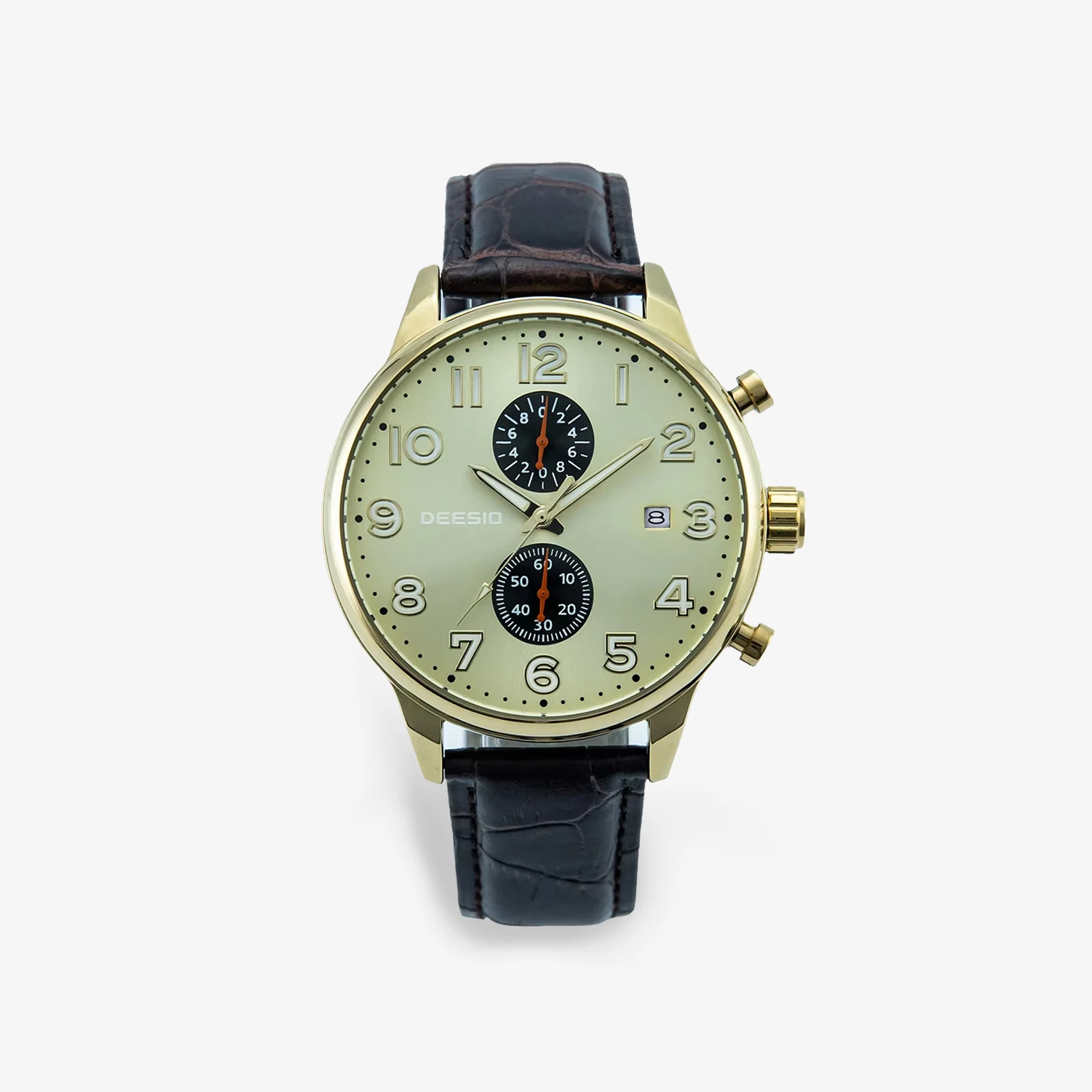 

Deesio Men's Quartz Watch 44mm Stainless Steel Case Genuine Leather Strap Analog Date Display Waterproof Business Casual Gift
