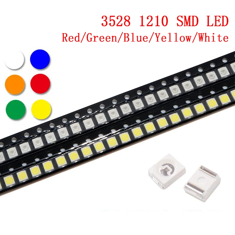 슈퍼 브라이트 3528 1210 SMD LED 다이오드, 레드, 그린, 블루, 옐로우, 화이트, UV, 아이스, 100 개