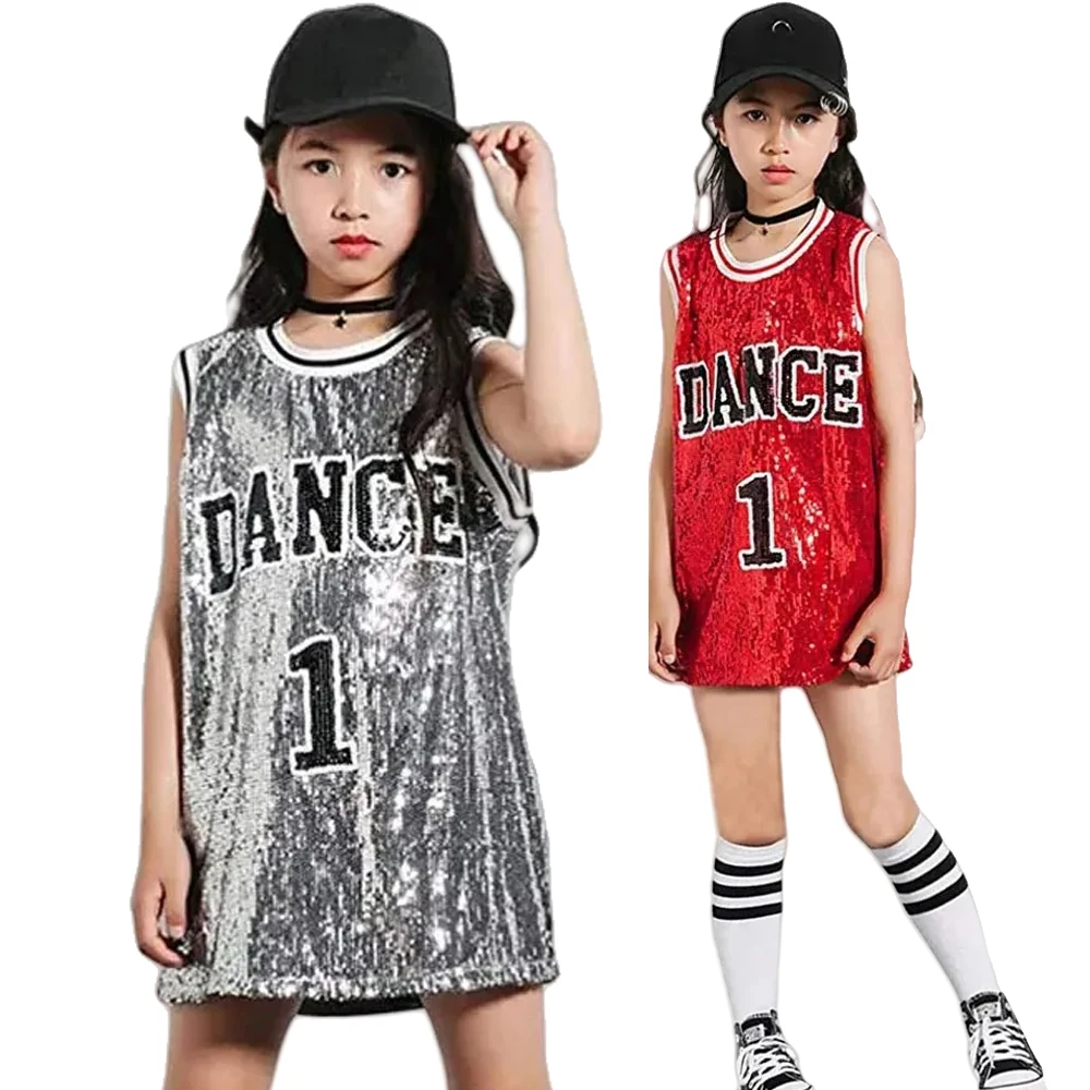 Sequin Jazz Dance Costume Child Summer Girls Hiphop Tshirt Tee Shirt Korean Style Dress Girls Kids Long Modern Hip Hop Costume