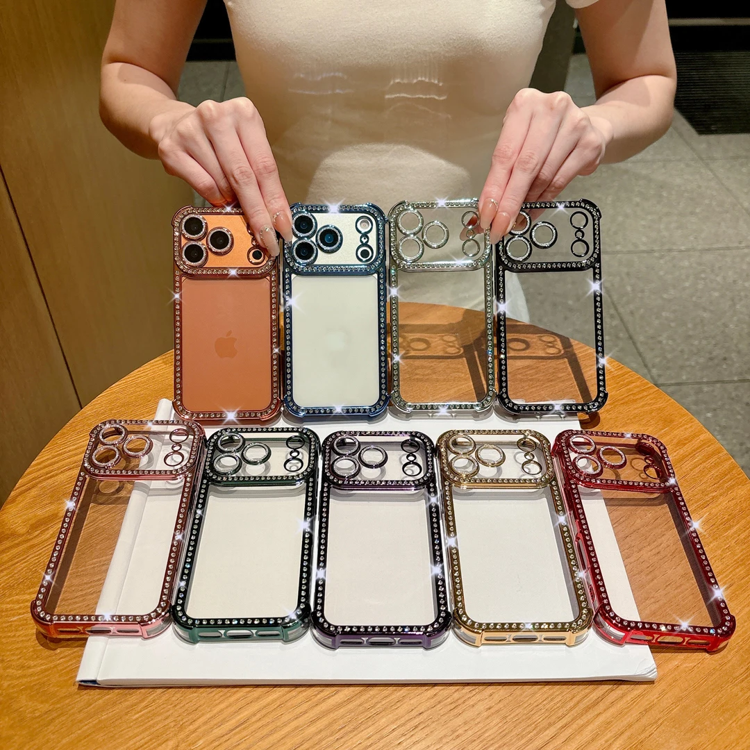 

Роскошный противоударный чехол для iPhone 17 16 15 14 13 Pro Max с защитой объектива камеры и бриллиантовым блеском по углам