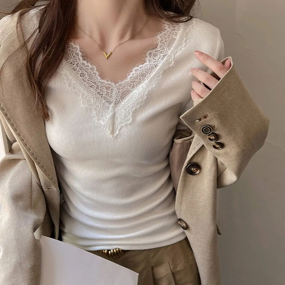 Solid Color V-Neck T-Shirt Scalloped Cuffs Lace Splicing Lace Patchwork Top Spring Autumn Navel Exposed Ribbed Knit Top