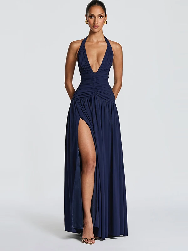 Sibybo Mouwloze Diepe V-hals Elegante Maxi Jurk Vrouwen Jurken Zomer Halter Backless Side Split Ruches Avond Jurken Gewaad - afbeelding 1