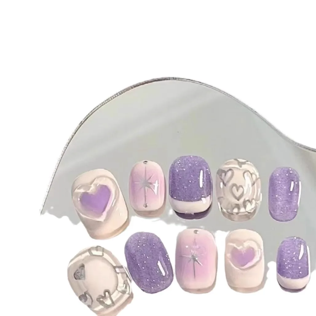 10 peças doce e bonito imprensa em unhas artesanal roxo fino glitter graffiti em forma de coração remendos de unhas falsas removíveis