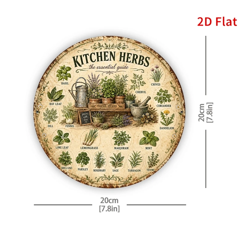 2D Flat - - [2Dflat], 1pc 7.87X7.87inch- Kitchen Herbs Essential Guide Round Sign, Vintage Herb Decorative Signs, Metal Wall Art