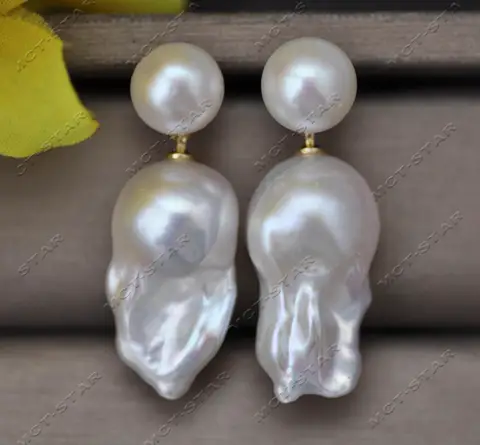 MTC·STARZ 23mm White Round Baroque Reborn Keshi Pearl Dangle Earring Custom Jewelry (Z13563 )