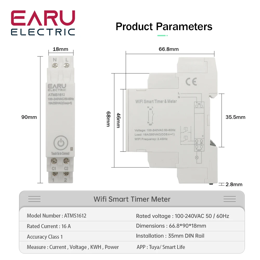 AC 110V 220V 16A Single Phase Din Rail WIFI Smart Timer Relay Switch Breaker Remote Control by Tuya APP KWH Energy Power Meter