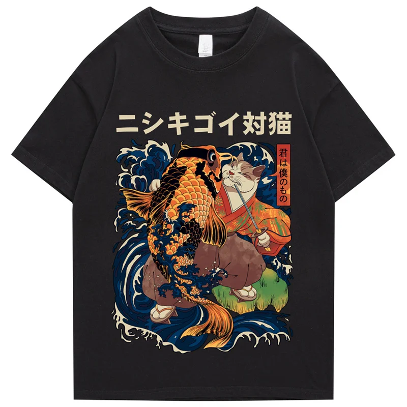 ヒップホップストリートスタイル原宿tシャツ猫は魚のプリントtシャツ2022メンズ夏の半袖tシャツ綿ルーズトップtシャツ