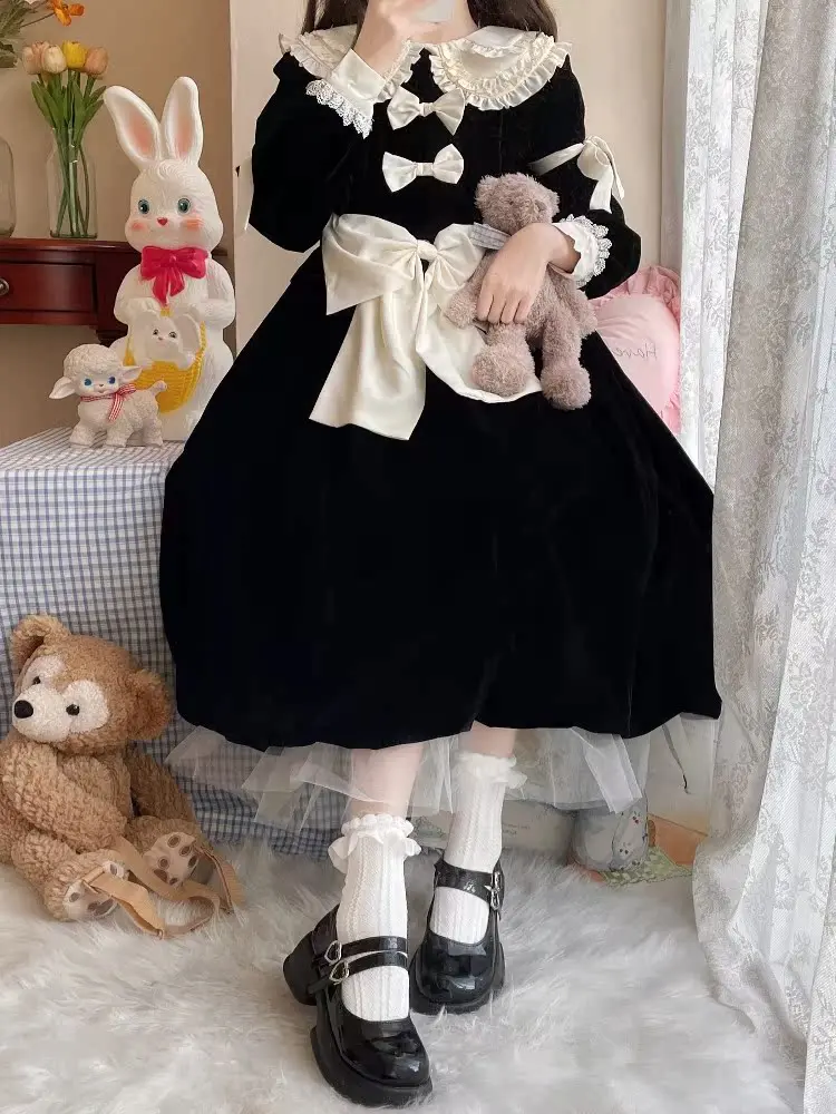 Japanese Girl Cute Lolita Dress Bow Doll Collar Velvet Long-sleeved Dress Children Autumn and Winter